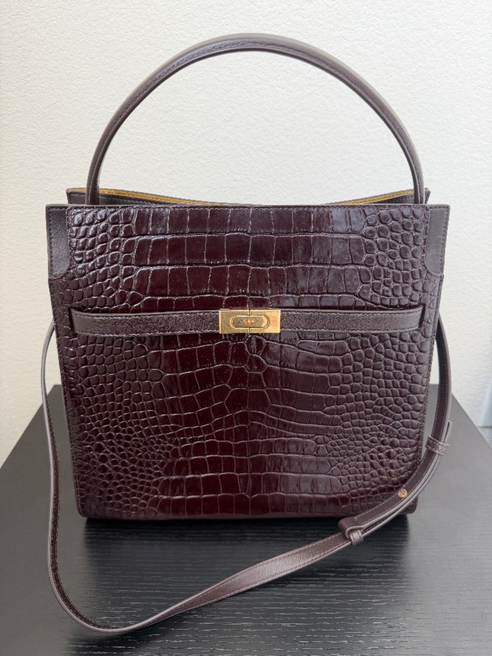 Dark Brown Croc Lee Radziwill Double Bag Large